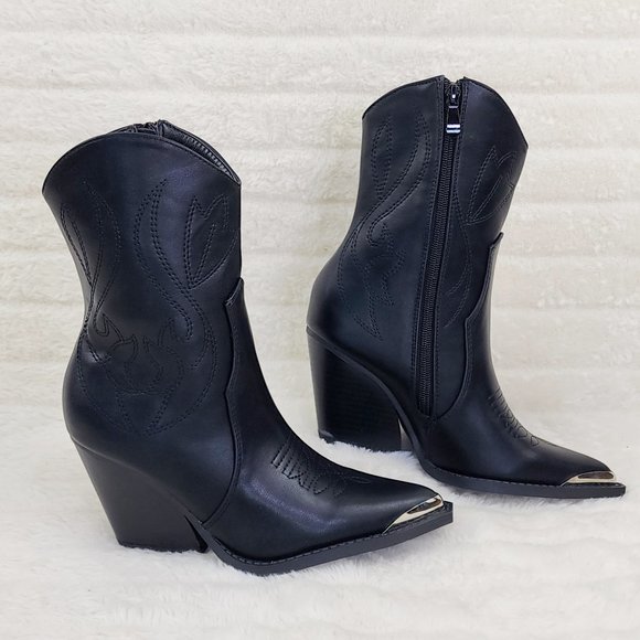 Tallas Black Cowgirl Cowboy Ankle Boots Western Block Heels - Picture 2 of 9